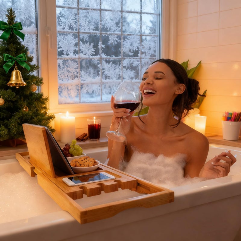 Utoplike Bamboo Bathtub Caddy Tray Bath Tray for Tub, Adjustable Bathroom Bathtub Organizer with Book Tablet Wine Glass Cup Towel Holder (24.5"-37.4") - Image 2